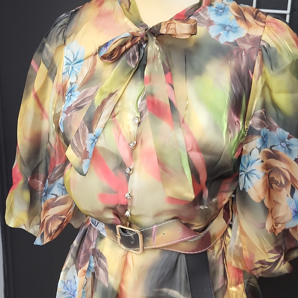 NWT, Vintage-Inspired Floral Tie-Neck Dress in Multi-Color, LARGE - Picture 2 of 11